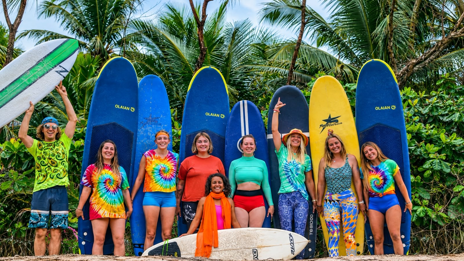 Happy surf group with their boards